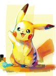 ambiguous_gender dipstick_ears ear_markings gesture multicolored_ears open_mouth open_smile red_cheeks red_tongue smile solo standing text tongue waving yellow_body koriarredondo nintendo pokemon generation_1_pokemon pikachu pokemon_(species) signature