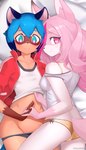 anthro anthro_on_anthro clothed clothing dakimakura duo eyebrows female female/female female_anthro fingers hair long_hair looking_at_viewer pink_hair text track_jacket underwear ancesra brand_new_animal studio_trigger michiru_kagemori nazuna_hiwatashi canid canine fox mammal raccoon_dog tanuki 2021 dakimakura_design digital_media_(artwork) hi_res shaded