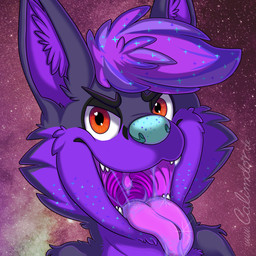 akinari_(character) anthro black_body black_fur blue_nose bodily_fluids collar cosmic_background cosmic_hair drooling ethereal_hair femboy fur male mouth_shot open_mouth purple_body purple_fur purple_mouth red_eyes saliva sassy simple_background smug_grin solo space space_background sparkles teeth throat tongue tongue_out uvula vore_tease calimdor canid canine fox mammal 2025 headshot_portrait hi_res portrait