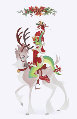 accessory anthro antlers bell bell_collar big_tail biped blue_eyes boots bow_(feature) bow_accessory bow_ribbon bridle brown_eyes christmas_clothing christmas_decorations christmas_headwear christmas_topwear clothed clothed_anthro clothed_female clothing collar costume countershade_tail countershading dipstick_horn duo feet female feral footwear forked_tongue furgonomics gloves green_body hair handwear harness headgear headwear holidays hooves horn multicolored_horn orange_hair quadruped ribbons riding riding_on_back ringing_bell saddle santa_costume shoes simple_background snow tail tail_accessory tail_bow tail_ribbon tongue topwear two_tone_horn white_background di shermugi christmas sneiky_(shermugi) deer mammal new_world_deer reindeer reptile scalie snake 2019 digital_media_(artwork) digital_painting_(artwork) hi_res painting_(artwork)