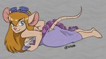 anthro barefoot blue_eyes breasts_tied clothing cosplay dress eyewear eyewear_on_head feet female frilly goggles goggles_on_head looking_back lying on_front solo tail nrok chip_'n_dale_rescue_rangers disney gadget_hackwrench humanoid mammal murid murine rat rodent 16:9 hi_res widescreen