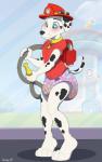 anthro blue_eyes blush bodily_fluids clothed clothing collar diaper fur genital_fluids headgear headwear hose solo standing unclean_diaper urine used_diaper wearing_diaper wet_diaper wetting white_body white_fur mistydash paw_patrol marshall_(paw_patrol) canid canine canis dalmatian domestic_dog mammal 2019 hi_res