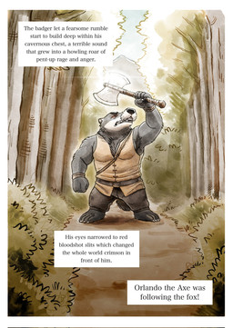 anthro axe biped black_body black_nose clothed clothing detailed_background humanoid_hands male outside solo text white_body rayfkm redwall orlando_the_axe badger european_badger mammal meles mustelid musteline 2024 english_text hi_res