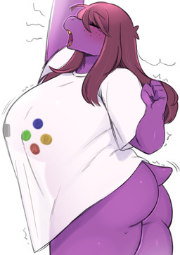 anthro belly big_breasts bodily_fluids bottomless breasts brown_hair butt clothed clothing emanata female freckled_face freckles game_controller_shirt hair huge_breasts open_mouth sharp_teeth shirt simple_background solo stretching tail tail_motion tears teeth thick_thighs topwear translucent translucent_clothing white_background white_clothing white_shirt white_topwear yawn yellow_teeth underchikichan deltarune undertale_(series) susie_(deltarune) scalie hi_res