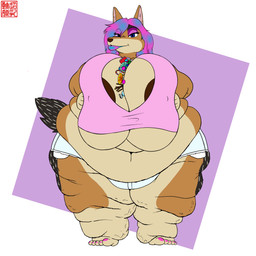 5_toes anthro areola belly big_breasts bottomwear breasts brown_areola brown_body brown_ears brown_fur candy candy_between_breasts clothed clothed_anthro clothed_female clothing colored_nails dessert fat_legs feet female female_anthro food food_between_breasts fur hair huge_breasts lips nails navel obese obese_anthro obese_female offering_candy offering_food overweight overweight_anthro overweight_female pink_clothing pink_hair pink_inner_ear pink_nails pink_shirt pink_toenails pink_topwear purple_background purple_hair purple_lips shirt shorts simple_background solo tan_belly tan_body tan_breasts tan_fur tan_toes thick_lips toenails toes topwear white_background white_bottomwear white_clothing white_shorts shannon_shark_(artist) candi_(formulaazurewolf) canid canine canis jackal mammal absurd_res hi_res