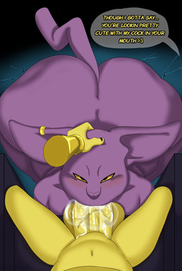 anthro balls big_balls big_butt blush bodily_fluids butt duo erection fellatio first_person_view genitals hairless hand_on_head head_in_crotch huge_balls huge_butt larger_sub looking_up male male/male oral overweight overweight_male penile penis purple_body saliva saliva_on_penis sex size_difference submissive text thick_penis yellow_body yellow_eyes witdrawsloods dragon_ball dragon_ball_super champa quitela domestic_cat felid feline felis hairless_cat mammal mouse murid murine rodent sphynx_(cat) absurd_res english_text hi_res