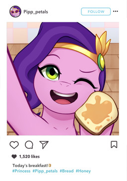 bread breakfast camera female feral food green_eyes hair hashtag holding_camera holding_food holding_object honey_(food) honey_toast looking_at_viewer open_mouth open_smile pink_body purple_hair selfie smile solo text marenlicious hasbro instagram mlp_g5 my_little_pony my_little_pony:_tell_your_tale pipp_petals_(mlp) equid equine mammal 2022 absurd_res english_text hi_res