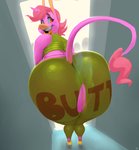 anthro big_butt bottomwear butt butt_focus clothing elevator femboy hair horn huge_butt looking_at_viewer looking_back looking_back_at_viewer male musk pants pink_body pink_hair presenting presenting_hindquarters shirt solo tank_top text text_on_bottomwear text_on_clothing text_on_pants tight_clothing topwear torn_bottomwear torn_clothing torn_pants yoga_pants vimhomeless mythology boon_(vimhomeless) equid equine mammal mythological_creature mythological_equine unicorn hi_res