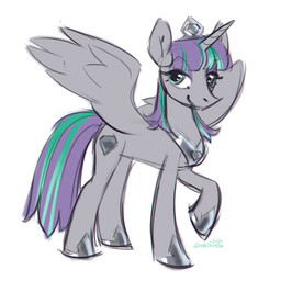 blue_eyes blue_hair blue_tail closed_smile crown cutie_mark feathered_wings feathers female female_feral feral glistening glistening_eyes grey_body grey_horn grey_wings hair headgear horn mouth_closed multicolored_hair purple_hair purple_tail side_view simple_background smile solo tail two_tone_hair white_background wings lostgoose friendship_is_magic hasbro my_little_pony mythology maud_pie_(mlp) equid equine mammal mythological_creature mythological_equine winged_unicorn 1:1 2024 dated hi_res signature