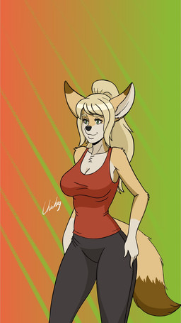 anthro blonde_hair bottomwear clothed clothed_anthro clothed_female clothing ears_up eyebrows eyelashes female fur green_eyes hair pants red_clothing red_shirt red_tank_top red_topwear shirt smile solo tail tank_top topwear yellow_body yellow_fur chisheq nadia_(chisheq) 2023 9:16 hi_res
