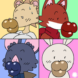 anthro blue_body blue_fur blush blush_lines bodily_fluids breasts cheek_tuft clothing countershade_face countershading eyelashes facial_tuft female femboy fur glistening glistening_lips hyper hyper_lips inner_ear_fluff jacket kerchief lips logo male red_body red_fur scarf shirt spines sweat sweatdrop tan_body tan_fur text thick_lips topwear tuft white_body white_fur thatdawgmurray natural_habitat_shorts albie_(natural_habitok) batrick_(natural_habitok) jason_(natural_habitok) lisa_(natural_habitok) bat eulipotyphlan hedgehog lagomorph leporid mammal mustelid musteline rabbit true_musteline weasel 1:1 aliasing artist_logo artist_name digital_media_(artwork) hi_res signature