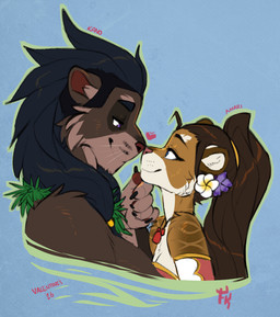 5_fingers anthro anthro_on_anthro black_hair brown_body brown_fur brown_hair claws clothed clothed_anthro clothed_female clothed_male clothing duo ear_piercing eyebrows female finger_claws fingers fur hair holidays long_hair male male/female multicolored_body multicolored_fur nose_to_nose orange_body orange_fur piercing ponytail romantic romantic_couple smile striped_body striped_fur stripes tail text tribal tuft two_tone_body two_tone_fur whiskers white_body white_fur conditional_dnp fluff-kevlar valentine's_day amari_shawri kano_mandagora felid hybrid liger lion mammal pantherine 2026