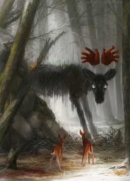 ambiguous_gender detailed_background empty_eyes feral fog forest grass group hooves nightmare_fuel plant rock standing tree kuroi-kisin deer ghost mammal spirit 2018 digital_media_(artwork) hi_res watermark