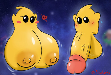 areola balls big_balls big_breasts big_penis blush breasts duo erection eyelashes female genitals heart_symbol huge_balls huge_breasts huge_penis hyper hyper_balls hyper_breasts hyper_genitalia hyper_penis male nipples not_furry orange_areola orange_nipples penis yellow_body philahorns mario_bros nintendo super_mario_galaxy luma
