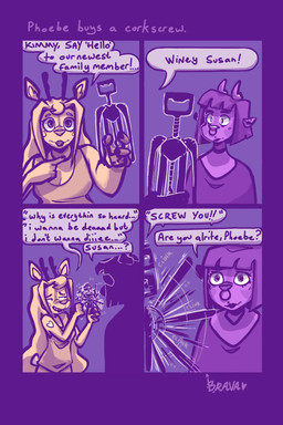 anthro breasts cleavage clothed clothing corkscrew dialogue ear_piercing facial_piercing female greeting hair horn humor long_hair nose_piercing onomatopoeia piercing septum_piercing short_hair sound_effects speech_bubble text bbravaa kimmy_(bbravaa) phoebe_(bbravaa) deer mammal 2:3 comic english_text hi_res restricted_palette