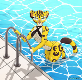 5_fingers anthro anthrofied bikini bikini_bottom bikini_top black_bikini black_clothing black_swimwear breasts clothed clothed_anthro clothed_female clothing female fingers fur humanoid_hands markings medium_breasts navel partially_submerged pink_nose smile solo spots spotted_body spotted_fur swimming_pool swimwear tail two-piece_swimsuit under_boob water wet wet_body wet_fur yellow_body yellow_fur quarko-muon disney the_lion_guard the_lion_king fuli cheetah felid feline mammal 2025 hi_res signature