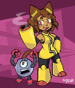 anthro arm_cannon breasts brown_body brown_hair clothing duo eyewear eyewear_on_head female goggles goggles_on_head hair machine magenta_eyes male weapon_arm whiskers yellow_sclera elpichon gameoverse glitch_productions kaboodle_(gameoverse) kit_bodega domestic_cat felid feline felis mammal robot 2026 digital_media_(artwork) hi_res pixel_(artwork)
