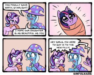 bedding blanket bodily_fluids cape clothing dialogue female female/female feral group hat headgear headwear horn neonate panicked_look smile sweat sweatdrop text tongue tongue_out trio witch_hat young young_feral sinfulhare friendship_is_magic hasbro my_little_pony mythology starlight_glimmer_(mlp) trixie_(mlp) twilight_sparkle_(mlp) equid equine mammal mythological_creature mythological_equine unicorn comic english_text hi_res