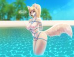 absurd_res alternate_species anthro anthrofied ball_gag bdsm beach big_breasts blonde_hair bondage bound bound_midriff breasts butt canid canine cleavage clothed clothing dialogue digital_media_(artwork) english_text female fox fox_samus_aran fur furrification gag gagged hair hi_res inviting looking_at_viewer mammal metroid morph_ball nintendo nipples nude outside palm_tree plant restraints rope rope_bondage samus_aran seaside shaded side_view skinny_dipping solo speech_bubble talking_to_viewer text tree tropical water wet wyla yellow_body yellow_fur