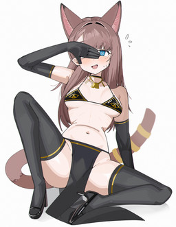 black_clothing black_footwear black_gloves black_handwear black_high_heels black_legwear black_stockings blue_eyes blush bottomwear brown_hair clothing female footwear gloves hair handwear high_heels legwear loincloth looking_at_viewer navel open_mouth shoes simple_background smile solo spread_legs spreading stockings tail white_background spamham arknights hypergryph studio_montagne pepe_(arknights) animal_humanoid cat_humanoid felid felid_humanoid feline feline_humanoid humanoid mammal mammal_humanoid 2026 absurd_res hi_res
