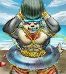 abs anthro black_body black_fur blush bottomwear chain clothing eyewear fur goggles male muscular muscular_anthro muscular_male nipples pecs shorts snorkel solo swim_ring swimming_goggles kt0414143919 lifewonders tokyo_afterschool_summoners garmr_(tas) canid canine canis domestic_dog mammal hi_res