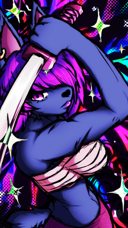 anthro big_breasts bottomwear breasts chest_wraps clothed clothing female fur grey_body grey_fur hair holding_object holding_weapon katana lipstick looking_at_viewer makeup melee_weapon pants piercing purple_hair solo sparkles standing star sword tail topwear weapon wraps chuchodraws felid feline lynx mammal 9:16 digital_media_(artwork) hi_res