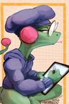 artist clothing eyewear forked_tongue glasses green_body green_skin halo_pano hat headgear headwear hoodie painting tablet tongue topwear animancer lizard reptile scalie pepper_(disambiguation) 2024 2:3 hi_res