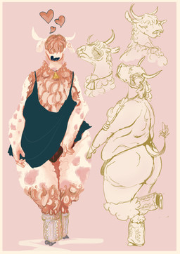 anthro bangs belly big_belly bulge butt clothing cowbell curvy_figure fur hair horn looking_at_viewer looking_back male nude overweight overweight_anthro simple_background smile solo werenawr bovid bovine mammal absurd_res hi_res model_sheet sketch sketch_page