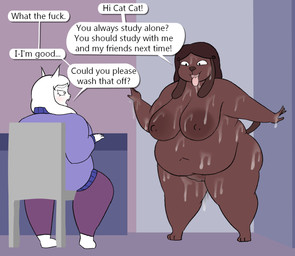 after_sex anthro areola belly big_areola big_breasts bodily_fluids breasts brown_body brown_fur chair clothed clothed/nude clothing cum cum_covered dialogue duo female fur furniture genital_fluids hanging_breasts messy nude obese obese_anthro obese_female overweight overweight_anthro overweight_female profanity sitting text tongue tongue_out white_body white_fur oxkingky catherine_(oxkingky) dorothy_b_hound canid canine canis domestic_cat domestic_dog felid feline felis mammal 2026 english_text