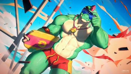 abs anthro beach biceps bulge clothing cocky_smile debris explosion eyewear green_body lifeguard_tower male muscular muscular_anthro muscular_male pecs quads solo spikes spikes_(anatomy) sunglasses sunglasses_on_face swimming_trunks swimwear wearing_sunglasses whistle_(object) white_body canyne_khai brawl_stars supercell_(company) buzz_(brawl_stars) dinosaur prehistoric_species reptile scalie