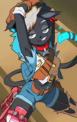 anthro anthrofied bedroom_eyes biped black_body black_fur black_tail blue_body blue_hair blue_pupils blue_tail blue_tail_tip clothing collar dipstick_tail ear_piercing eyebrows facial_tuft female female_anthro fingers fur hair looking_at_viewer markings multicolored_body multicolored_hair narrowed_eyes navel piercing pose pupils screwdriver seductive simple_background smile smiling_at_viewer smirk smirking_at_viewer smug_face solo straps tail tail_markings teeth teeth_showing tools tuft two_tone_hair two_tone_tail white_hair wrench yellow_eyes wildblur hi-fi_rush microsoft tango_gameworks 808_(hi-fi_rush) peppermint_808_(hi-fi_rush) domestic_cat felid feline felis mammal robot_anthro 2026 colored detailed digital_drawing_(artwork) digital_media_(artwork) hi_res shaded
