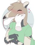 5_fingers anthro blush breasts clothed clothing disembodied_hand duo eyes_closed female fingers hand_on_cheek simple_background smile tongue evehly jayme anteater mammal pilosan xenarthran 2020 digital_media_(artwork)