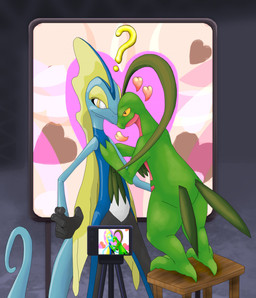 2_tails ambiguous_gender anthro black_body blue_body camera duo furniture green_body hand_on_arm hand_on_chest heart_symbol leaf leaf_tail long_tail multi_tail pink_body question_mark standing standing_on_stool stool tail tripod yellow_eyes yellow_sclera hiboiwater nintendo pokemon generation_3_pokemon generation_8_pokemon grovyle inteleon pokemon_(species) hi_res