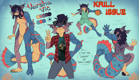 anthro ball basketball_(ball) blue_eyes bottomwear breasts carapace clothing denim denim_bottomwear denim_clothing female flannel_shirt fur hair hair_bun jeans markings pants purple_body purple_fur purple_hair solo spots spotted_body spotted_fur spotted_markings spotted_tail tail tail_markings tan_body tan_fur unusual_anatomy unusual_limb unusual_tail whiskers kapri skill_issue_(meme) ween_(band) varsha_vic arthropod crustacean felid mammal absurd_res hi_res model_sheet