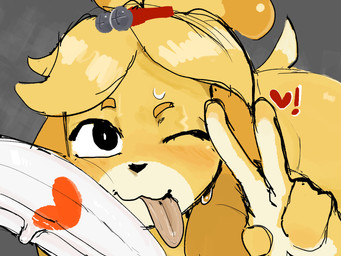 :3 anthro bent_over big_penis black_eyes black_nose blonde_eyebrows blonde_hair blush blush_lines butt closed_smile countershading eyebrows eyelashes female floppy_ears fur genitals gesture grey_background hair hand_gesture heart_symbol humanoid_genitalia humanoid_penis looking_at_viewer mouth_closed one_eye_closed penis simple_background smile tan_tongue tied_hair tongue v_sign vein veiny_penis white_body white_countershading white_fur wink winking_at_viewer yellow_body yellow_ears yellow_fur qwpeowqpe animal_crossing nintendo isabelle_(animal_crossing) canid canine canis domestic_dog mammal shih_tzu toy_dog 4:3 hi_res