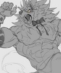 abs angry anthro blush bodily_fluids bow_ribbon cuffs_(clothing) dripping embarrassed fangs fur looking_at_viewer male muscular muscular_male nipples open_mouth pecs saliva saliva_drip simple_background solo teeth waiter white_background null-ghost capcom darkstalkers jon_talbain canid canine canis mammal wolf