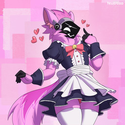 anthro bell bell_collar bottomwear bow_ribbon clothed clothing collar crossdressing dress femboy fingers fur gesture hand_gesture heart_symbol machine maid_uniform male markings neck_tuft pattern_background pink_body pink_fur pointing pointing_at_self simple_background skirt solo tail tail_markings tuft underwear uniform teuzrosa peter_(uwu_peter) protogen absurd_res hi_res