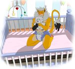 ageplay anthro baby_mobile clean_diaper clothed clothing crib cushies_(diaper) diaper infantilism inklion male nursery_mobile plushie roleplay solo teddy_bear wearing_diaper wetness_indicator leoniro_the_inklion abuniverse cushies felid lion mammal pantherine absurd_res hi_res