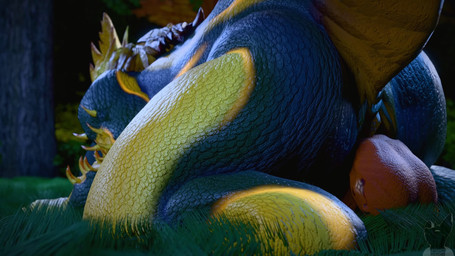abdominal_bulge anthro anthro_pred anthro_prey balls belly big_belly blue_body blue_scales bodily_fluids butt cum death digestion duo ejaculation erection fatal_vore genital_fluids genitals hands-free head_first head_in_mouth kneeling lying male male/male male_pred male_prey nude on_back oral_vore orgasm penis rumbling_stomach scales sharp_teeth soft_vore spiked_tail spikes spikes_(anatomy) struggling struggling_prey swallowing tail teeth vore yellow_body yellow_eyes yellow_scales sound_warning twitchyanimation capcom monster_hunter great_jagras scalie 16:9 3d_(artwork) 3d_animation animated digital_media_(artwork) hi_res huge_filesize long_playtime sound webm widescreen