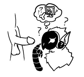 3_fingers anthro confusion duo female fingers genitals looking_at_genitalia looking_at_penis machine male male/female offscreen_character penis question_mark screen screen_face simple_eyes thinking thought_bubble thoughtful_expression degeneroid skye_(pelzigeule) avian human hybrid mammal protogen black_and_white monochrome