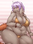 4_fingers ahoge anthro bedroom_eyes belly big_belly big_breasts bikini bikini_pull biped blush bracelet breasts claws cleavage clothed clothing clothing_pull curvy_figure deep_navel ear_on_shoulder ear_piercing ear_ring female female_anthro finger_claws fingers floppy_ears fur glistening glistening_body glistening_breasts glistening_skin grey_body grey_skin hair huge_breasts jewelry kemono looking_at_viewer markings midriff mole_(marking) narrowed_eyes navel orange_body orange_fur overweight overweight_anthro overweight_female piercing pose purple_eyes purple_hair ring ring_piercing seductive simple_background sitting skimpy solo swimwear swimwear_pull tail_mane thick_thighs topwear two-piece_swimsuit underwear voluptuous wide_hips yellow_bikini yellow_clothing yellow_swimwear 340m/sec final_fantasy final_fantasy_tactics square_enix arl_(340m/sec) mammal nu_mou 3:4 digital_media_(artwork) hi_res pinup