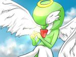 cloud eyes_closed feathered_wings feathers female glowing glowing_halo green_hair hair halo not_furry outside sky skyscape smile solo wings fantajii_dm_(artist) nintendo pokemon angel angel_humanoid gardevoir generation_3_pokemon humanoid mammal pokemon_(species) winged_humanoid 4:3