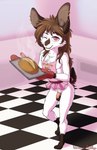 anthro apron balls bottomless bread brown_hair chest_tuft clothed clothing crotch_tuft ear_piercing femboy food foreskin fur genitals hair handwear humanoid_genitalia humanoid_penis long_hair male one_eye_closed open_mouth oven_mitts penis piercing solo text tuft whiskers white_body white_fur wink punkpega lagomorph leporid mammal rabbit 2025 hi_res url