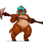 ambiguous_gender anthro armpit_hair blue_eyes body_hair claws crown hair headgear holding_object holding_weapon markings melee_weapon moobs multicolored_body multicolored_scales muscular navel orange_body orange_scales polearm pose scales slightly_chubby snout spear spotted_arms spotted_legs tail teal_hair thick_thighs toe_claws two_tone_body two_tone_scales weapon kujalla atlyss kubold_(atlyss) 1:1 hi_res