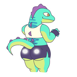 anthro assisted_exposure big_butt bottomwear bouncing_butt butt clothing crop_top fingerless_gloves floating_hands gloves green_body green_scales growth handwear hotpants male pantsing scales shirt shorts solo stunned surprised talking_to_another tight_clothing toony topwear pookibearnsfw epic_games fortnite lizzik_(fortnite) humanoid lizard reptile scalie animated hi_res