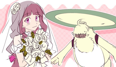 anthro bouquet brown_hair clothing dress duo female flower flower_bouquet fur hair hair_over_eyes helicopter_ears long_ears male plant wedding_dress wedding_veil yellow_body yellow_fur noire02_a bandai_namco digimon digimon_ghost_game ruri_tsukiyono angoramon digimon_(species) human mammal hi_res