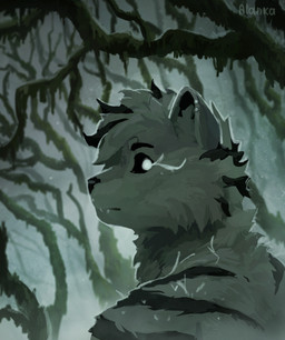 anthro black_body black_fur branch cheek_piercing ear_piercing facial_piercing fog foggy_background forest fur grey_body grey_fur hair lip_piercing male piercing plant solo tree white_body white_fur alanka cryotaiga absurd_res hi_res