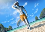 abs anthro beach biped black_nose blue_body blue_eyes blue_fur blue_tongue claws clothed clothing cloud detailed_background detailed_fur fur grey_body grey_fur humanoid_hands looking_at_viewer male muscular muscular_male orange_clothing outside paws pecs sea seaside sky solo standing swimming_trunks swimwear tongue topless water wet whiskers white_body white_fur kippycube ryder_(techno-robot-fox) canid canine canis domestic_dog husky mammal nordic_sled_dog spitz 2019 detailed digital_media_(artwork)