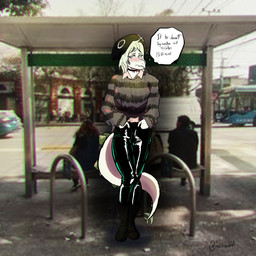 alternate_costume anthro bench black_bottomwear black_clothing black_pants blue_eyes blush boots bottomwear brown_clothing brown_shirt brown_topwear bus car choker clothing commercial_vehicle day female footwear front_view frown glistening glistening_bottomwear glistening_clothing glistening_pants green_body grey_body grey_hair hair hand_in_pocket hat headgear headwear jewelry looking_at_viewer necklace outside pants pattern_clothing pattern_shirt pattern_topwear photo_background plant pockets pursed_lips shirt shoes solo spiked_tail spikes spikes_(anatomy) standing striped_clothing striped_shirt striped_topwear stripes tail text thinking thought_bubble topwear tree vehicle anfitrionaaa goodbye_volcano_high ko_op_(game_developer) stella_(gvh_beta) dinosaur ornithischian prehistoric_species reptile scalie stegosaurian stegosaurus thyreophoran 1:1 absurd_res artist_name compression_artifacts english_text full-length_portrait hi_res mixed_media photography_(artwork) portrait
