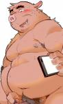 anthro belly blush bodily_fluids darkened_genitalia electronics genitals humanoid_genitalia humanoid_hands humanoid_penis male moobs nipples overweight overweight_anthro overweight_male penis phone pubes simple_background solo sweat white_background chisa_sa domestic_pig mammal suid suine sus_(pig) 2019